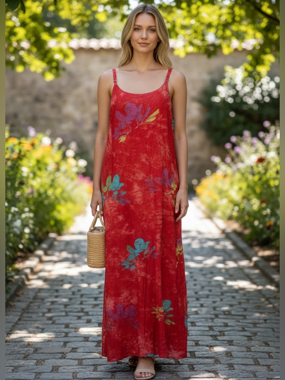 Red Floral Maxi Dress with Spaghetti Straps